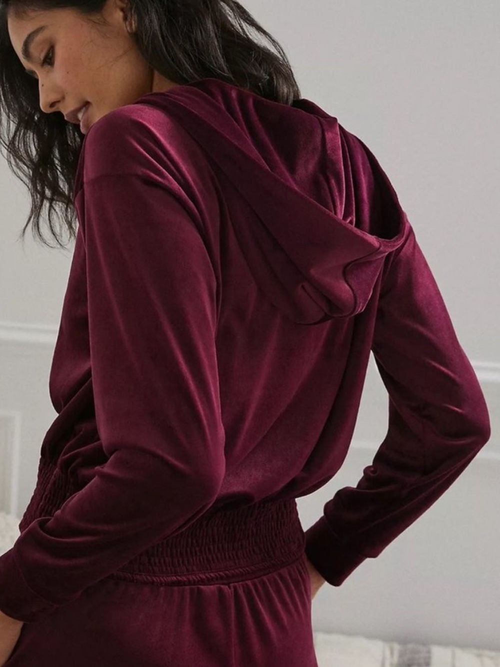 Anthropologie MTWTFSS Burgundy Velour Crop Hoodie Athleisure Lounge Active XS